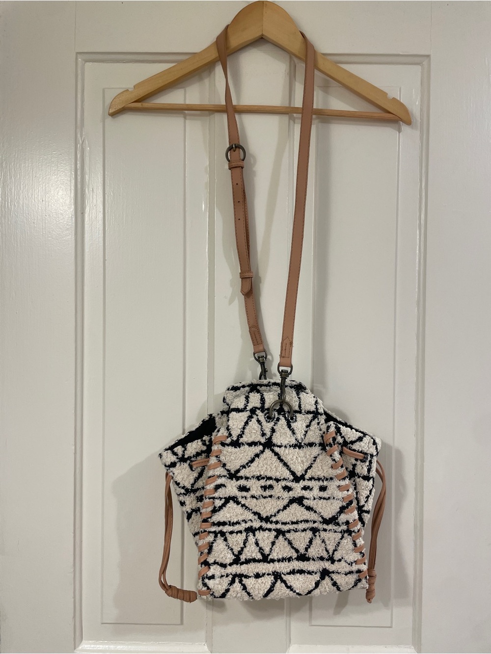 Textured Black & White Pattern Crossbody Backpack with Tan Straps